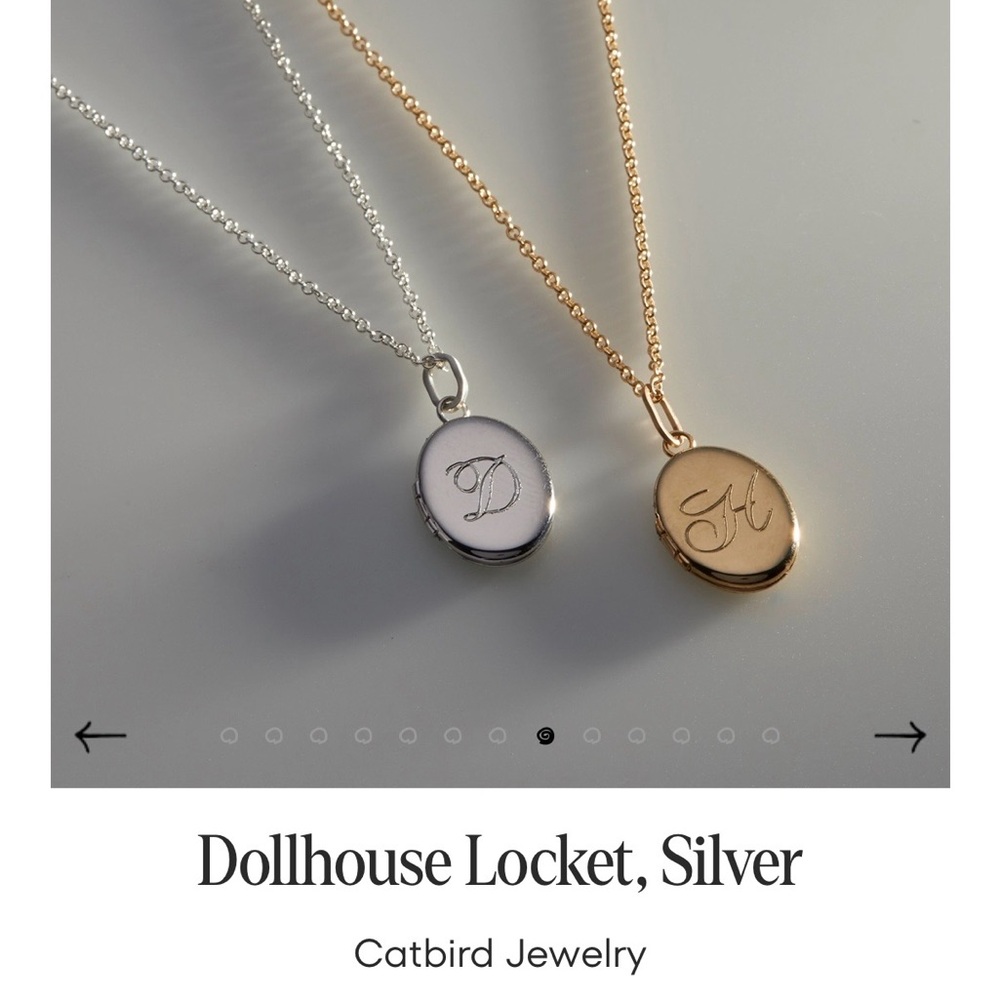 Classic silver dollhouse locket “L” engravement by Catbird